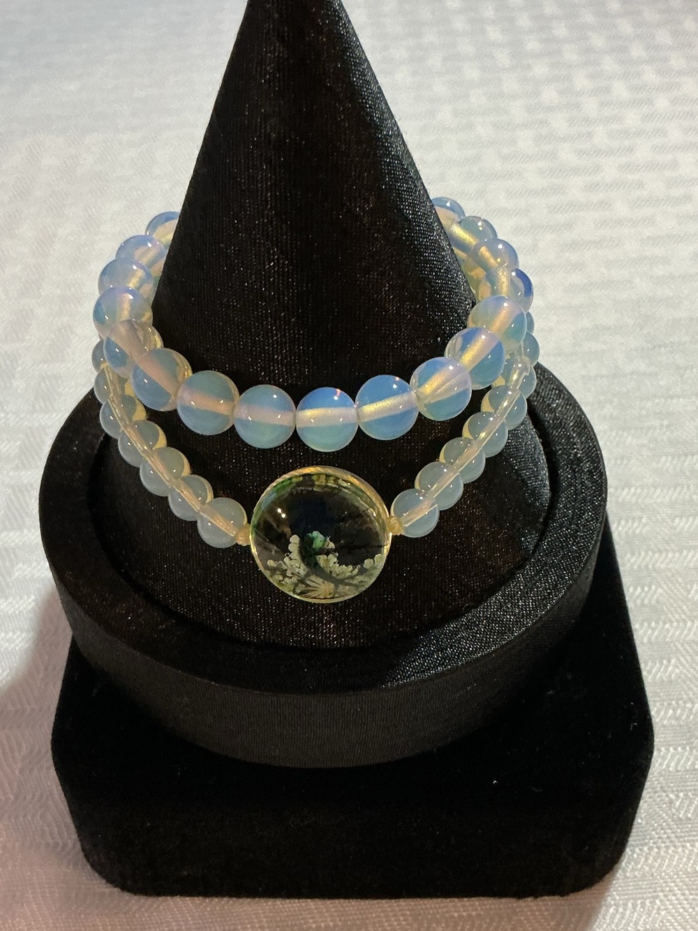 Opalite Glass Bead Bracelet Set Adjustable Cord and Elastic Stack Floral Beaf